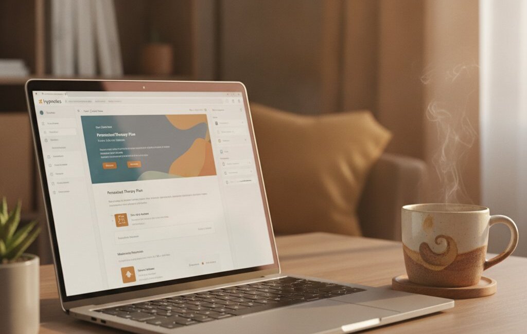 Laptop screen displays Hyp — personalized therapist emails