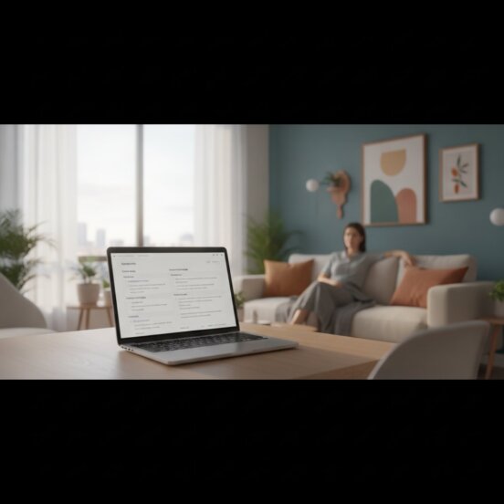A bright, modern therapist office with a laptop displaying a progress‑note summary on screen, soft natural light streaming — automated progress notes