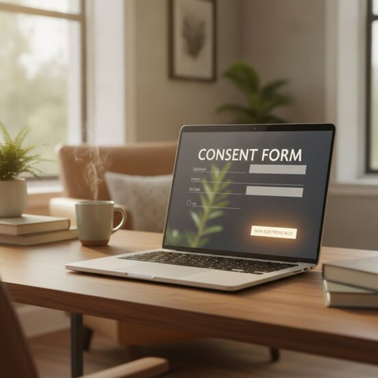 A therapist’s laptop screen displaying a digital consent form with a prominent “Sign Electronically” button, warm office — secure e-signatures therapy